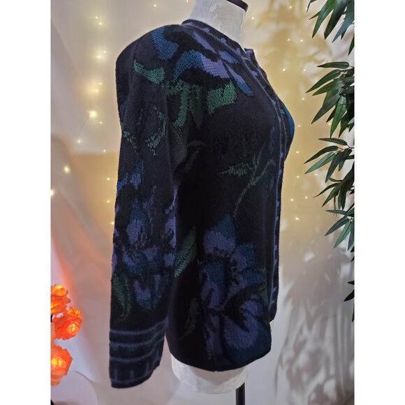 Rodier Vintage 80s Women's M/L Wool Blend Floral Knit Button-Up Cardigan Sweater - Picture 5 of 8
